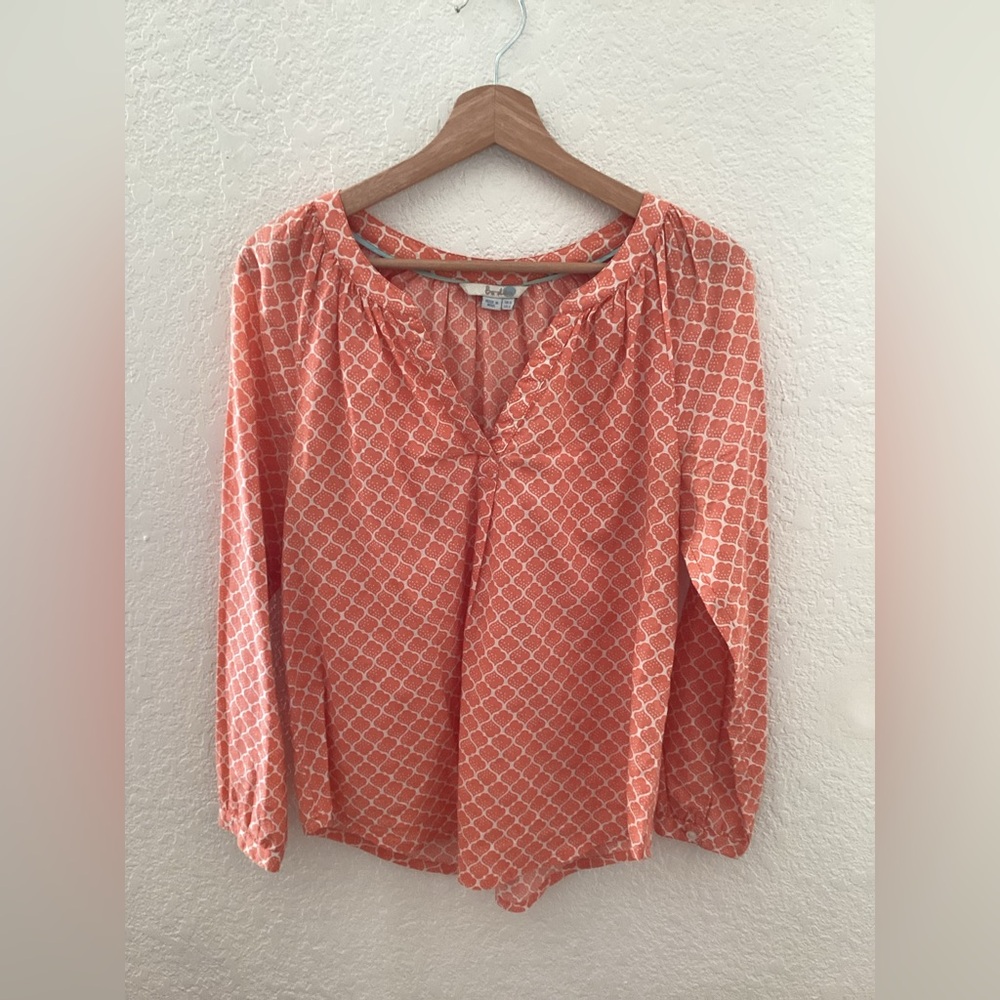 Boden Orange/Cream Cotton Raglan Sleeve Blouse Geometric Pattern Gwyneth